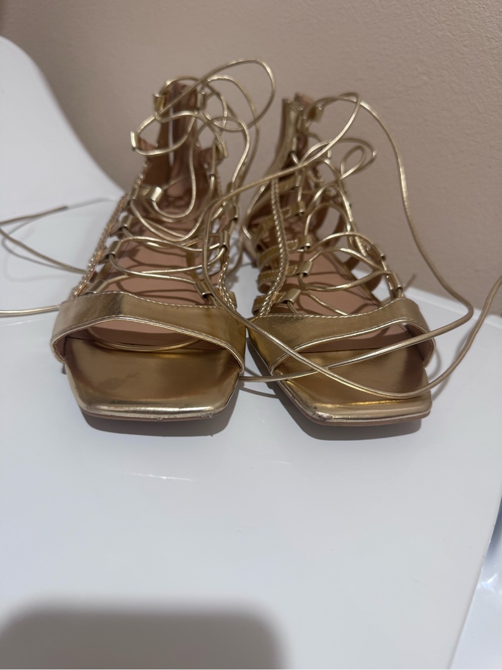 Shoe Dazzle Gold Lace-Up Strappy Gladiator Sandals